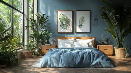 Poster - A bedroom with a blue bedspread, wooden furniture, and plants.