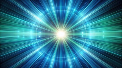 Sticker - Dynamic tunnel of speed light with a starburst background in shades of blue and green, speed, light, technology, abstract