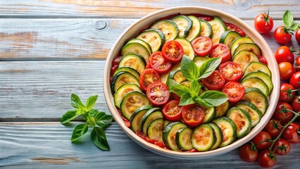 Sticker - Prepared baked zucchini and tomatoes in circles in a ceramic form, vegetable snack, healthy, delicious, homemade