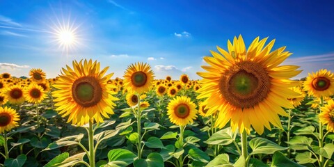 Wall Mural - Vibrant sunflowers in a rural field under a clear blue sky, sunflowers, field, blue sky, bright yellow, flowers