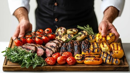 A Chef Presenting a Wooden Board with Grilled Meat, Vegetables, and Herbs