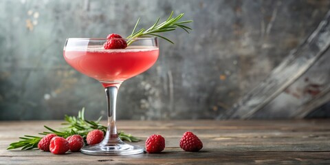 Sticker - Pink sour cocktail with raspberry and rosemary in coupe glass, sour, alcoholic, cocktail, drink, pink, raspberry