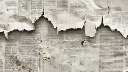 Torn and aged newspaper with black and white text background.