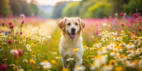 Sticker - Cute dog walking through a vibrant flower meadow, dog, pet, flower, meadow, nature, walk, stroll, vibrant, colorful, puppy