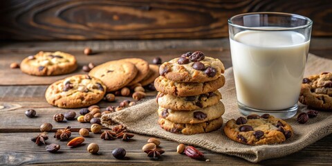 Canvas Print - Homemade cookies with raisins, chocolate, nuts and milk on a wooden table and a art phone. Breakfast. Close up, cookies