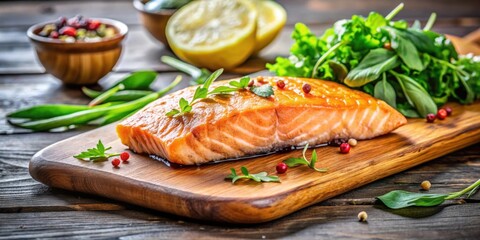 Wall Mural - Grilled salmon fish fillet with green salad on wooden cutting board, close up, salmon, fish, fillet, grilled