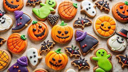 Canvas Print - Colorful Halloween-themed cookies with spooky designs on neutral background, Halloween, cookies, ghosts, bats, pumpkins