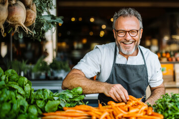 A cheerful man, surrounded by carrots and greens, leans over a bustling market stall, embracing the joy of fresh, organic produce in a vibrant market environment.