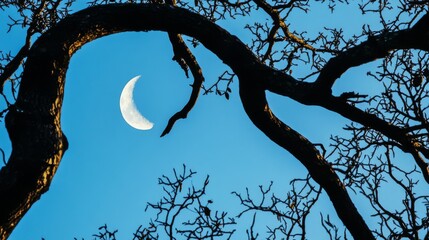 2. A peaceful afternoon sky showcasing both a half moon and quarter moon, surrounded by the intricate pattern of forest branches in the foreground