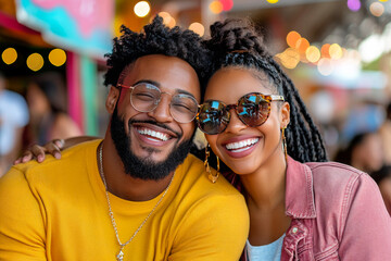 A joyful couple laughs together, both wearing stylish attire, highlighting their happiness and love, with a lively festival atmosphere in the background.