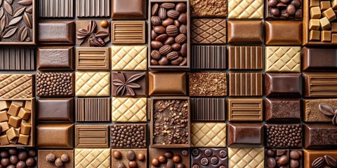 Wall Mural - Top view of assorted chocolate pieces forming a background tile, chocolate, top view, different shapes, various types