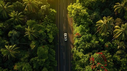 Wall Mural - Aerial View of a Car Driving Through a Tropical Forest