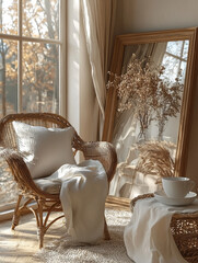 Sticker - Cozy living room with a wicker chair, a white throw blanket, and a large mirror.