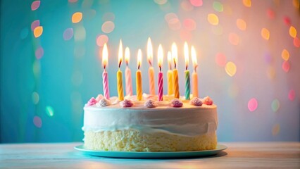 Poster - A birthday cake with colorful lit candles on pastel background, birthday, cake, candles, celebration, pastel colors, background