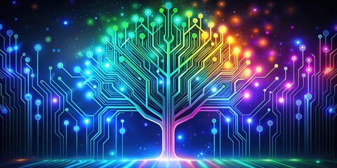 Poster - Abstract futuristic tree with circuit board design, neon effect, and bokeh lights , technology, innovation, digital