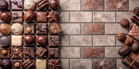 Canvas Print - Top view of assorted chocolate background tile, chocolate, top view, assorted, variety, shapes, sweet, dessert, confectionery