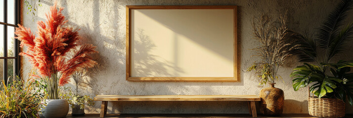 Poster - Empty wooden frame with plants and a bench