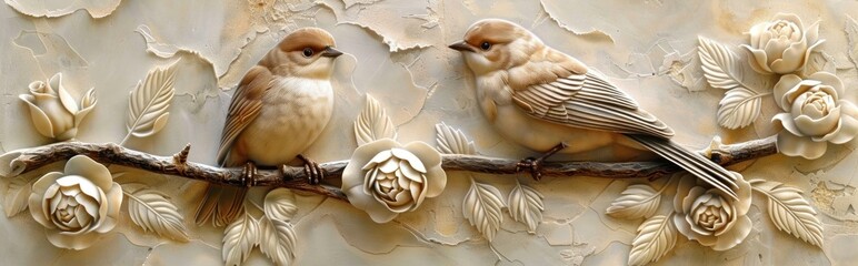 Wall Mural - Two Birds on Branch with Roses