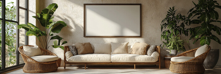 Canvas Print - Relaxing living room with rattan chairs and a comfy couch.