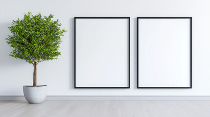 Canvas Print - Two empty picture frames hang on a white wall with a potted plant in the foreground.