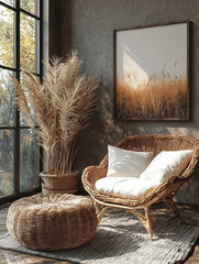 Canvas Print - Cozy living room with wicker furniture and pampas grass