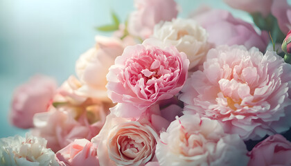 Wall Mural - Soft, blooming peonies and roses in pastel shades, adding a delicate and feminine touch