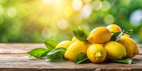 Closeup of fresh lemons with leaves on table against blurred background, lemons, leaves, fresh, vibrant, yellow, healthy