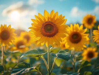 Beautiful Blooming Sunflowers in Field with Blue Sky and Sun