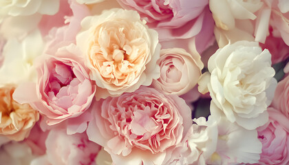 Wall Mural - Soft, blooming peonies and roses in pastel shades, adding a delicate and feminine touch