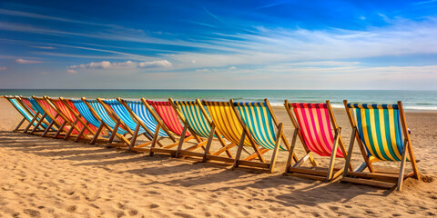 A colorful array of deckchairs lined up on a sandy beach by the sea, seaside, deckchairs, beach, relaxation, vacation