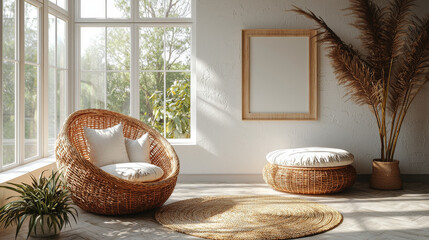 Poster - Wicker chair and ottoman in a bright, airy living room.