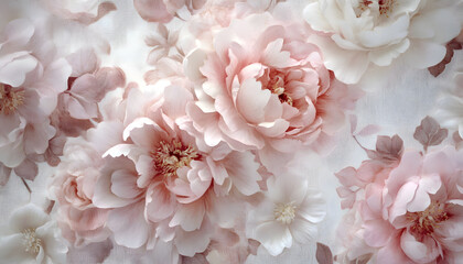 Wall Mural - Soft, blooming peonies and roses in pastel shades, adding a delicate and feminine touch