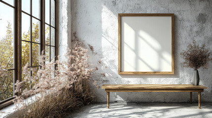 Wall Mural - Empty picture frame on a white wall with wooden bench