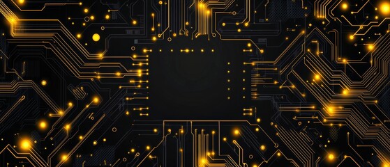 Circuit board pattern, yellow light effect, black background, vector illustration style, circuit board with electronic components, lines and dots connecting various parts of the chip