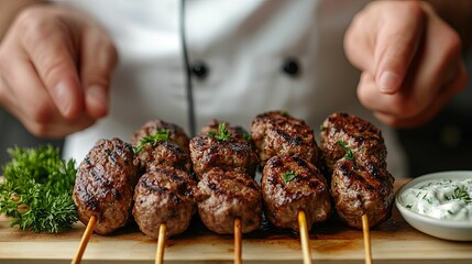 Close-up of grilled meatball skewers with parsley and yogurt dip