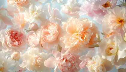 Wall Mural - Soft, blooming peonies and roses in pastel shades, adding a delicate and feminine touch