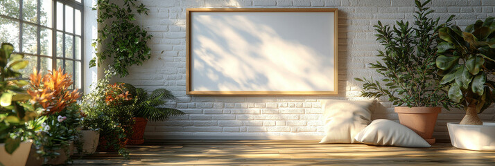 Wall Mural - Blank canvas mockup with potted plants and pillows in a bright room.