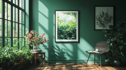 Canvas Print - A green room with a chair and a book on the seat, next to a potted plant.