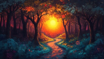 Enchanting forest path with radiant sunset and vibrant foliage