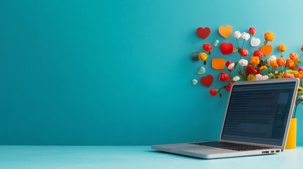 Laptop with Flowers and Hearts on a Blue Background showcasing a creative and modern design. The image evokes feelings of love, joy, and creativity.