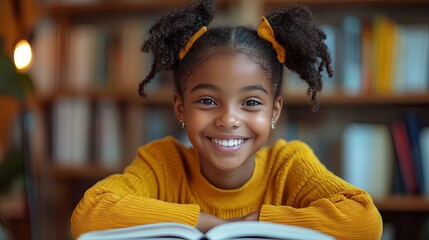 Portrait of a young African American girl with a book in front of a bookshelf