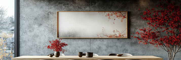 Canvas Print - Minimalist dining room with a wooden table and red flowers.