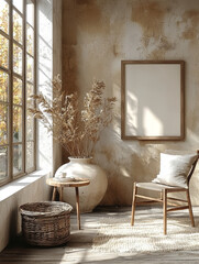 Canvas Print - Rustic living room with a wooden chair and a large vase of dried flowers.