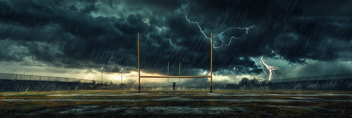 a dramatic stormy sky looms over an empty american football field, with lightning striking in the di