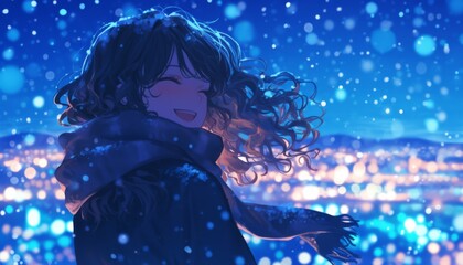 An anime girl smiling in a close-up, with city lights softly glowing in the background and snow falling on her long brown curly hair. The wind swirls around her  