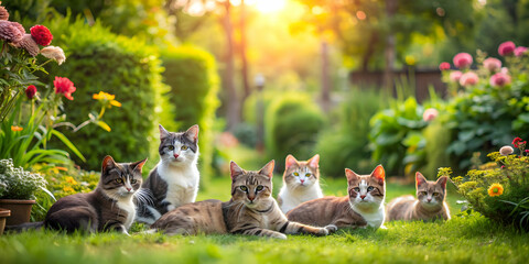 Cats peacefully lounging in a lush garden setting , feline, pets, relaxation, nature, flora, fauna, whiskers, cute