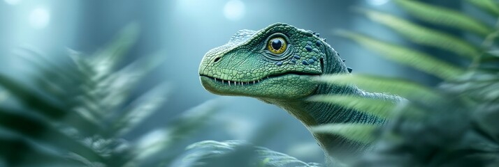 A fearsome dinosaur emerges from the dense prehistoric foliage, its sharp eyes piercing through the greenery, showcasing the power and beauty of ancient life.