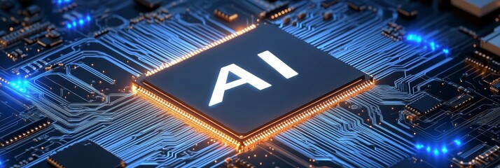 Canvas Print - A glowing computer chip with the letters AI on it, surrounded by intricate circuitry, symbolizing the power and potential of artificial intelligence.