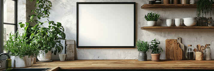 Poster - A large empty picture frame hangs on a wall above a rustic kitchen counter.