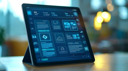 A sleek tablet displaying a modern user interface with digital applications, ideal for tech and business concepts.